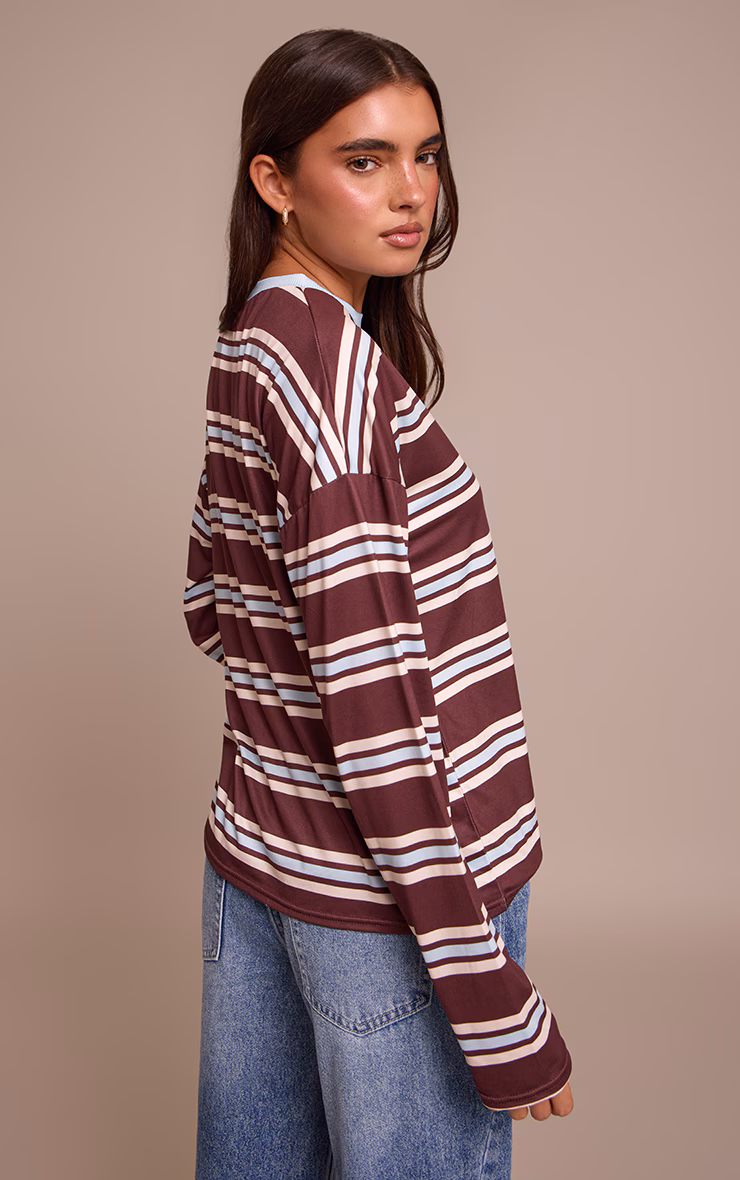 Burgundy Stripe Crew Neck Long Sleeve Top