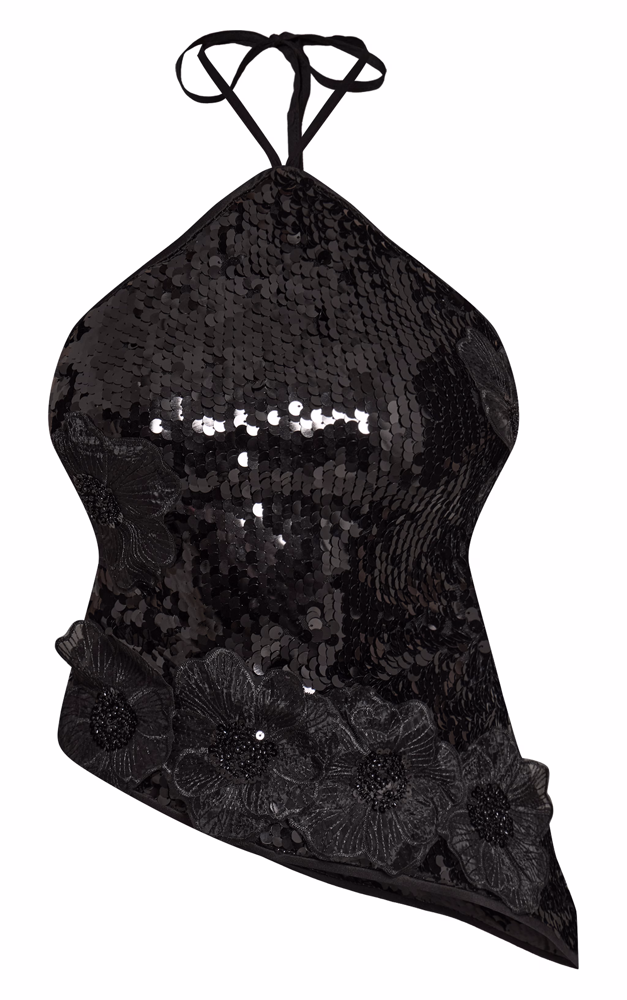 Black Sequin Flower Detail Asymmetric Top