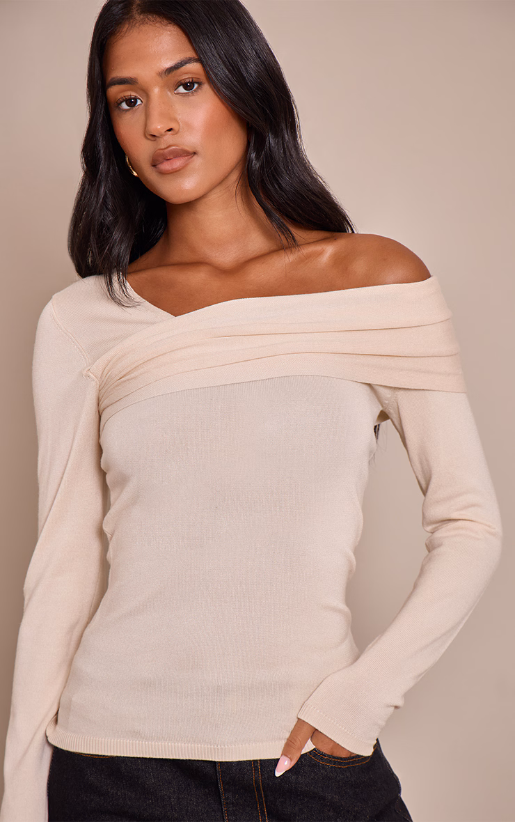 Tall Cream Long Sleeve Asymmetric Shoulder Knitted Top