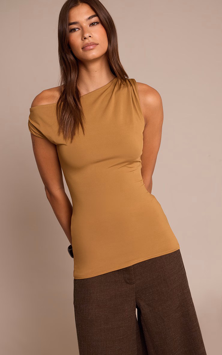 Tan Slinky Asymmetric Ruched Detail Long Top