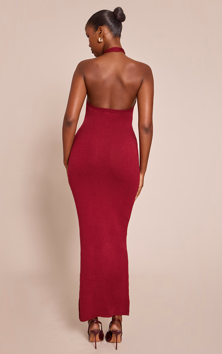 Burgundy Halterneck Trim Detail Maxi Dress