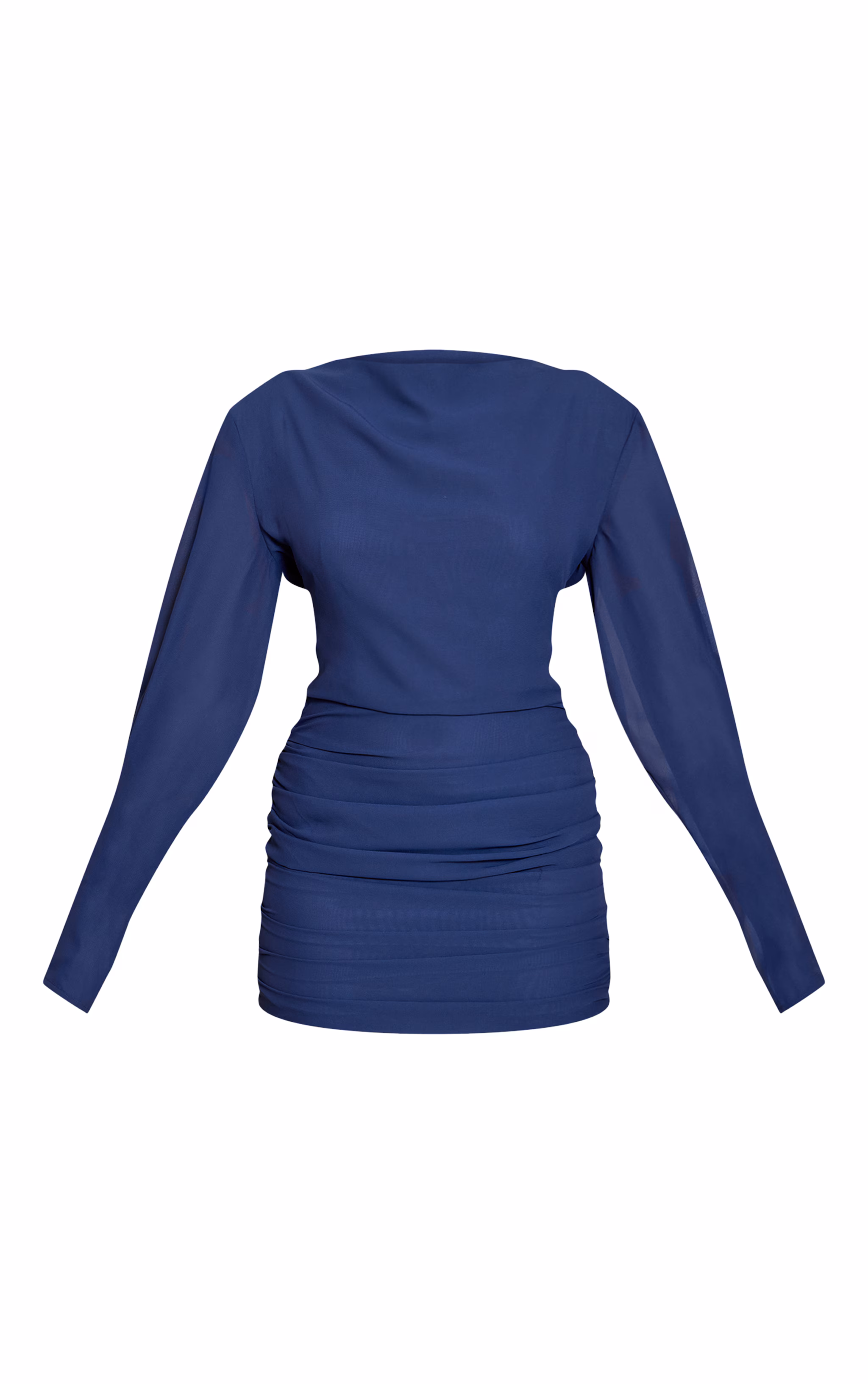 Navy Woven Boat Neck Long Sleeve Ruched Mini Dress