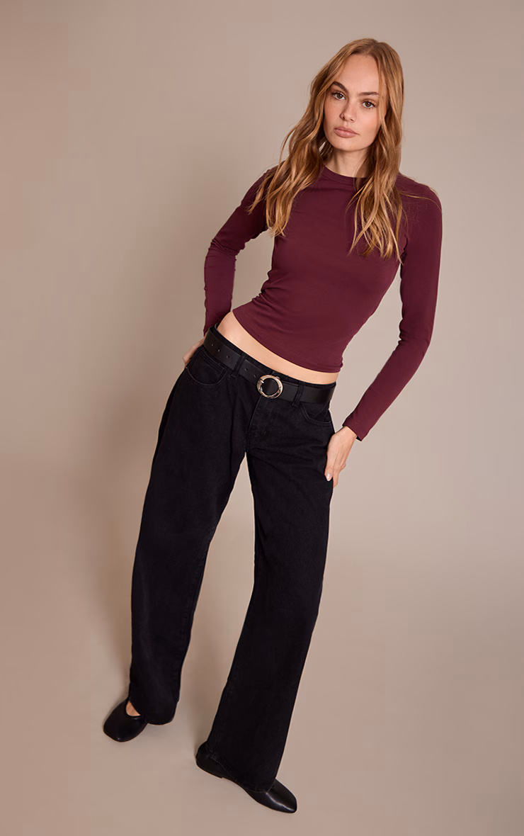 Wine Soft Cotton Crew Neck Longline Long Sleeve Top