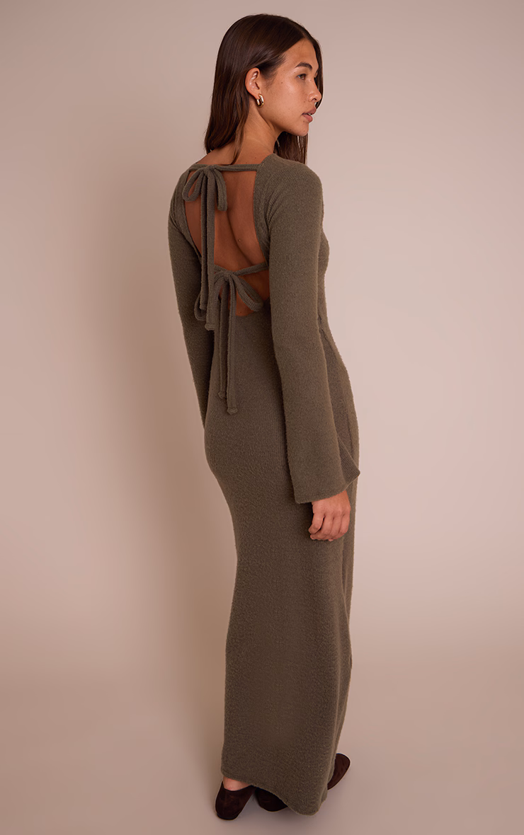 Khaki Brushed Tie Back Long Sleeve Maxi Dress