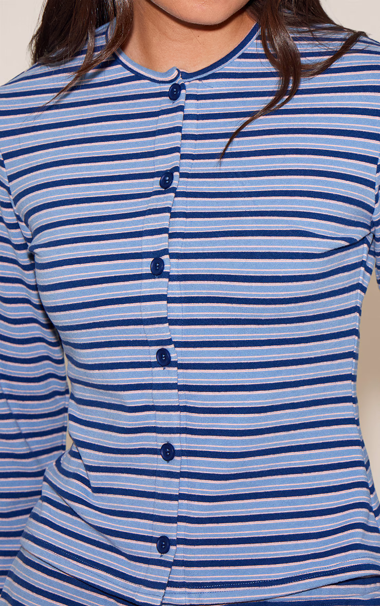 Navy Soft Fleece Pinstripe Button Up Top