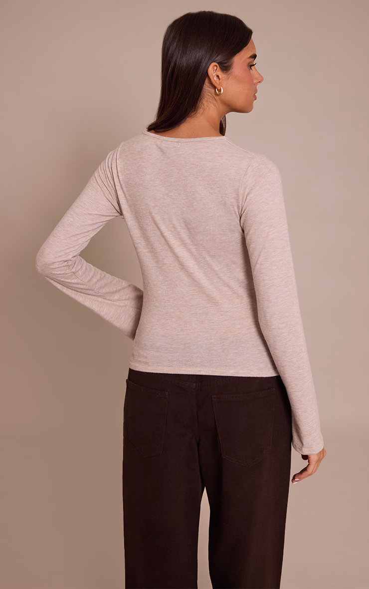 Sand Marl Soft Jersey V Neck Flared Long Sleeve Top