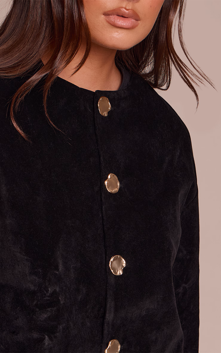 Black Round Neck Gold Button Suede Jacket