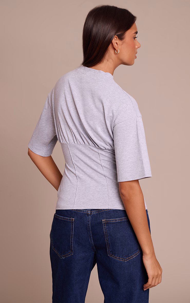Grey Marl Cotton Ruched Bust Detail Fitted T Shirt