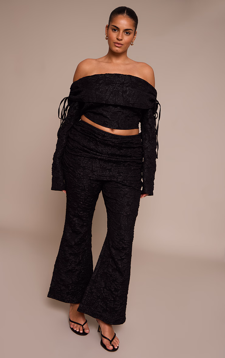 Plus Black Floral Jacquard Fold Over Wide Leg Pants