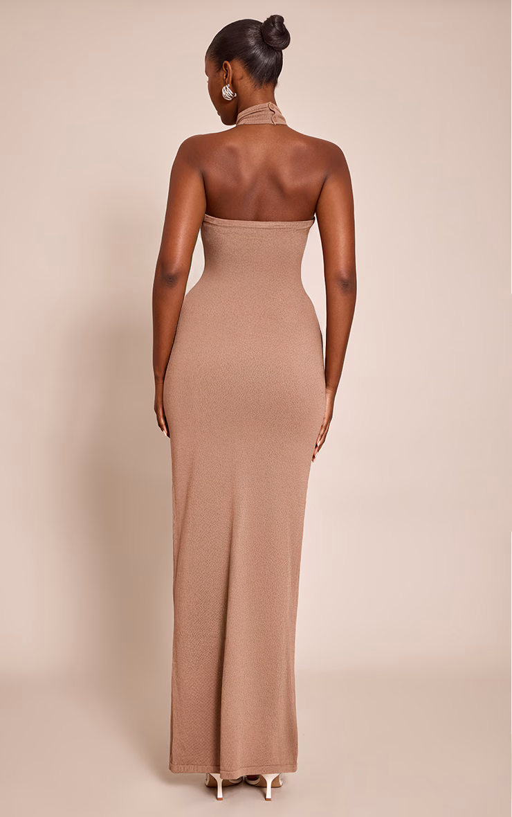 Mocha Trim Halter Neck Knitted Maxi Dress