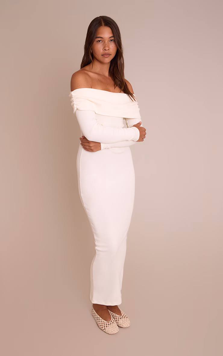 Cream Ribbed Fold Over Bardot Long Sleeve Maxi Dress