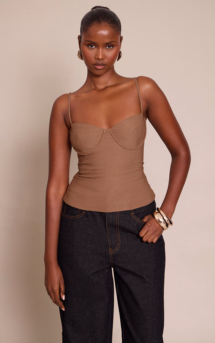 Mocha Woven Stretch Strappy Cami Top