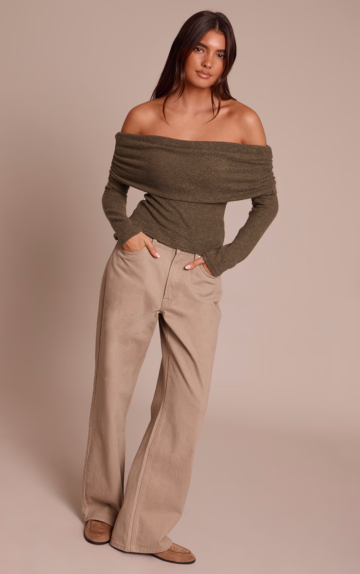 Olive Textured Wool Look Fold Over Detail Long Sleeve Top