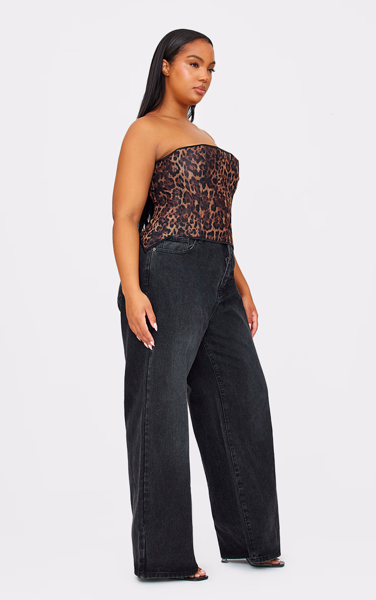 Leopard Print Mesh Lace Up Detail Bandeau Corset