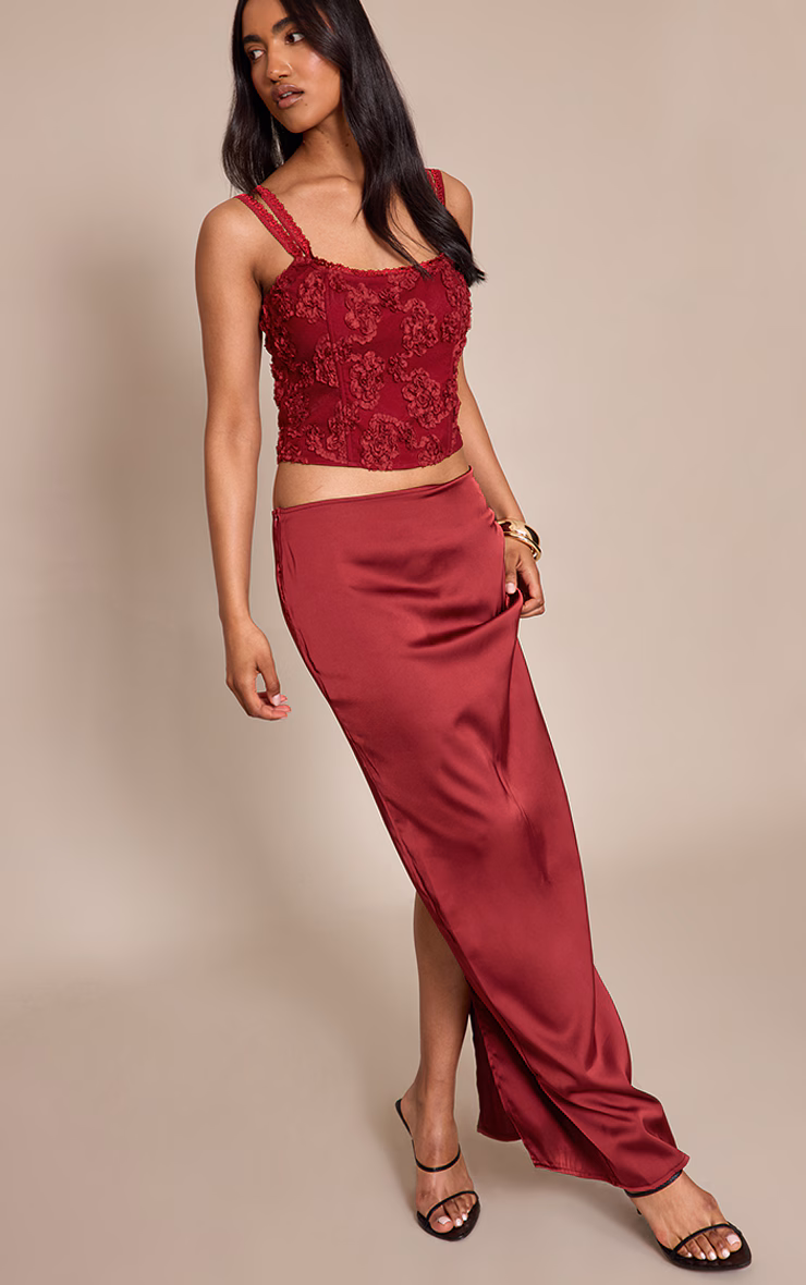 Burgundy Floral Textured Boned Corset