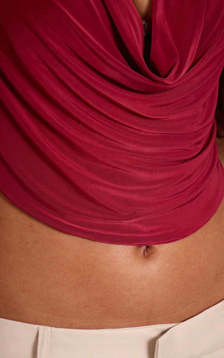 Wine Slinky Tie Back Cowl Neck Top