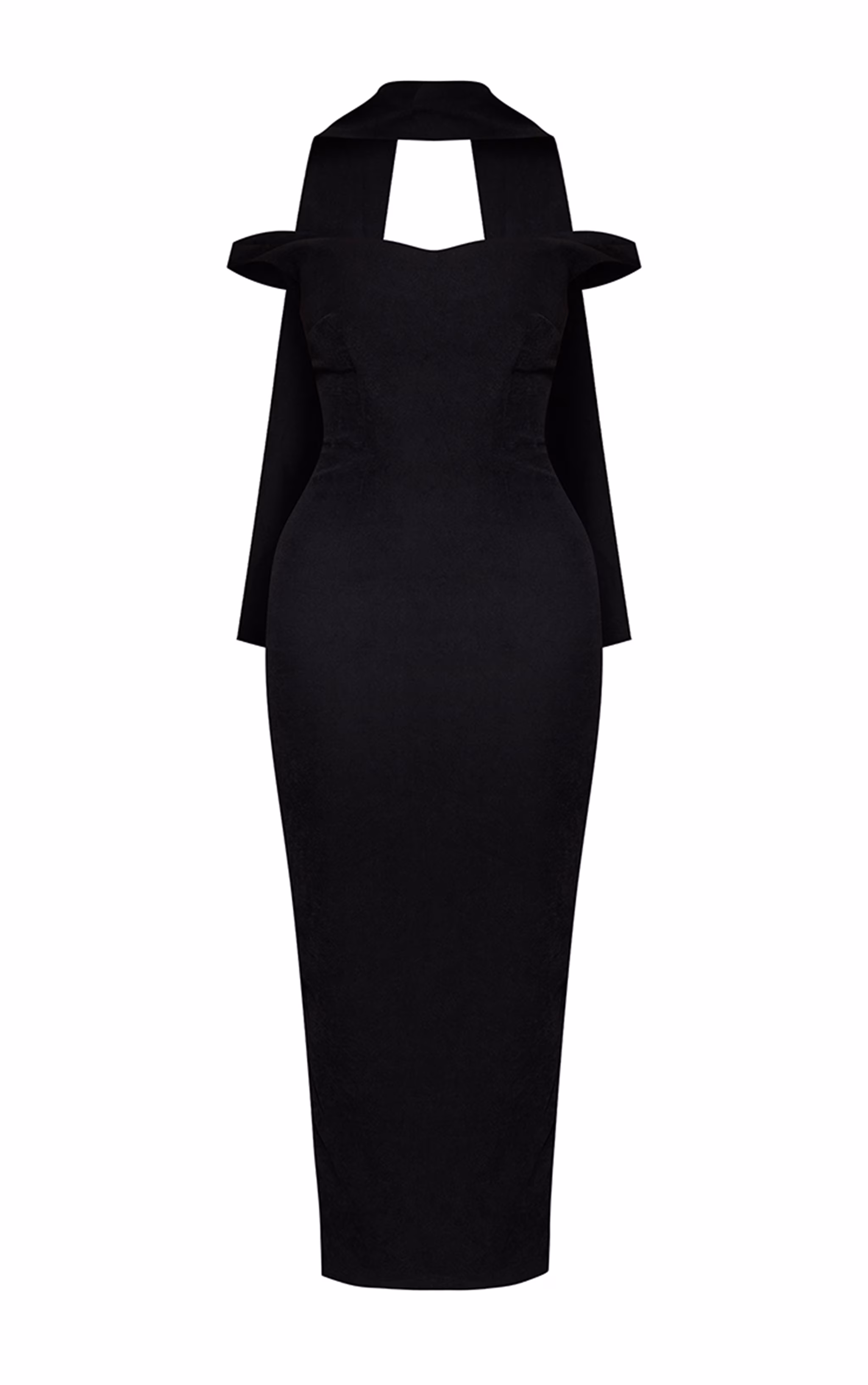 Premium Black Woven Bardot Scarf Neck Midaxi Dress