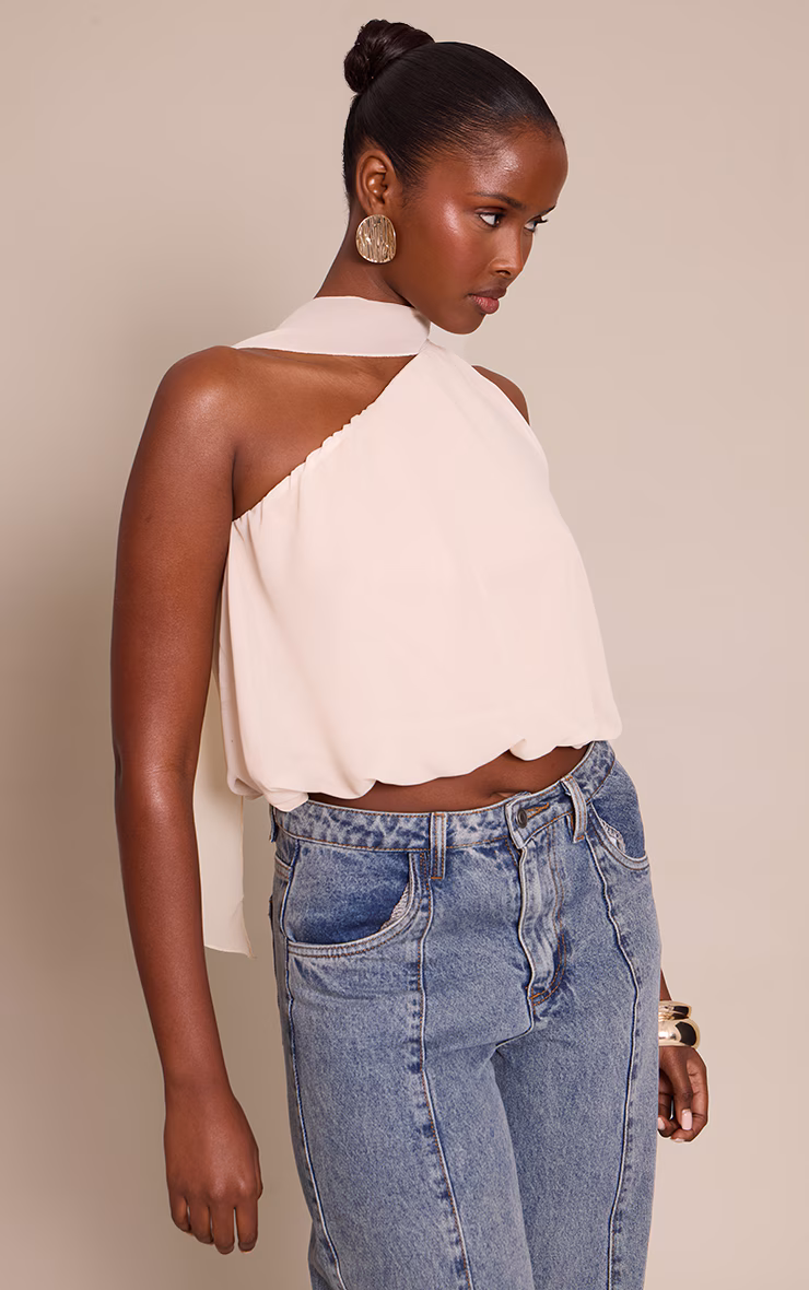 Cream Mesh Halterneck Scarf Detail Top