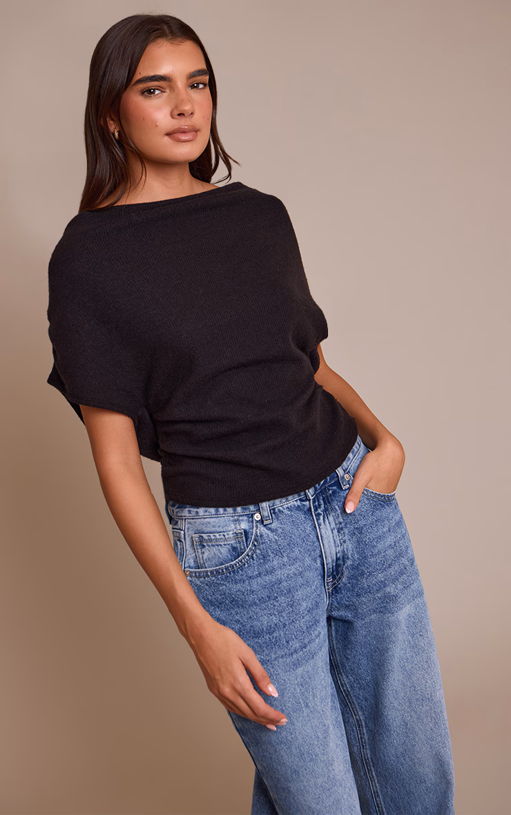 Black Wool Look Slouchy Tie Back Top