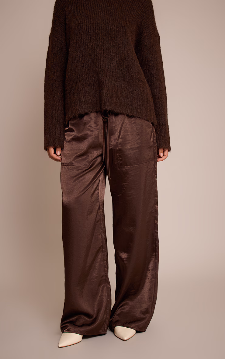 Dark Chocolate Crinkle Satin Slouchy Drawstring Pants