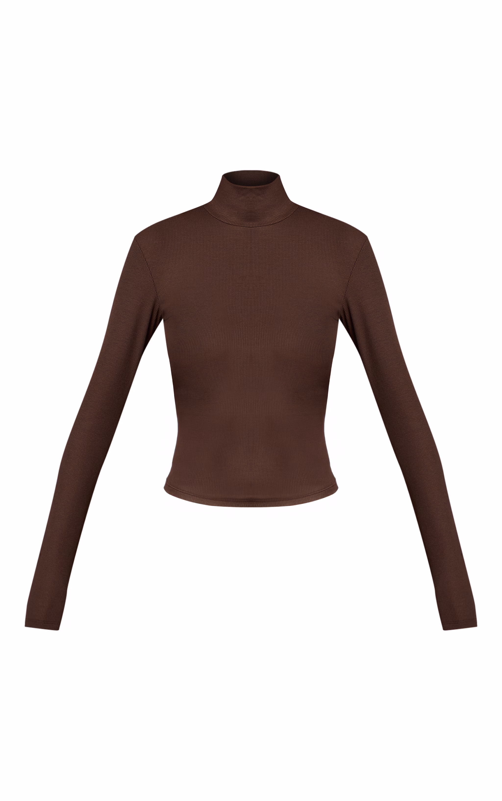 Dark Chocolate Soft Rib High Neck Fitted Long Sleeved Top