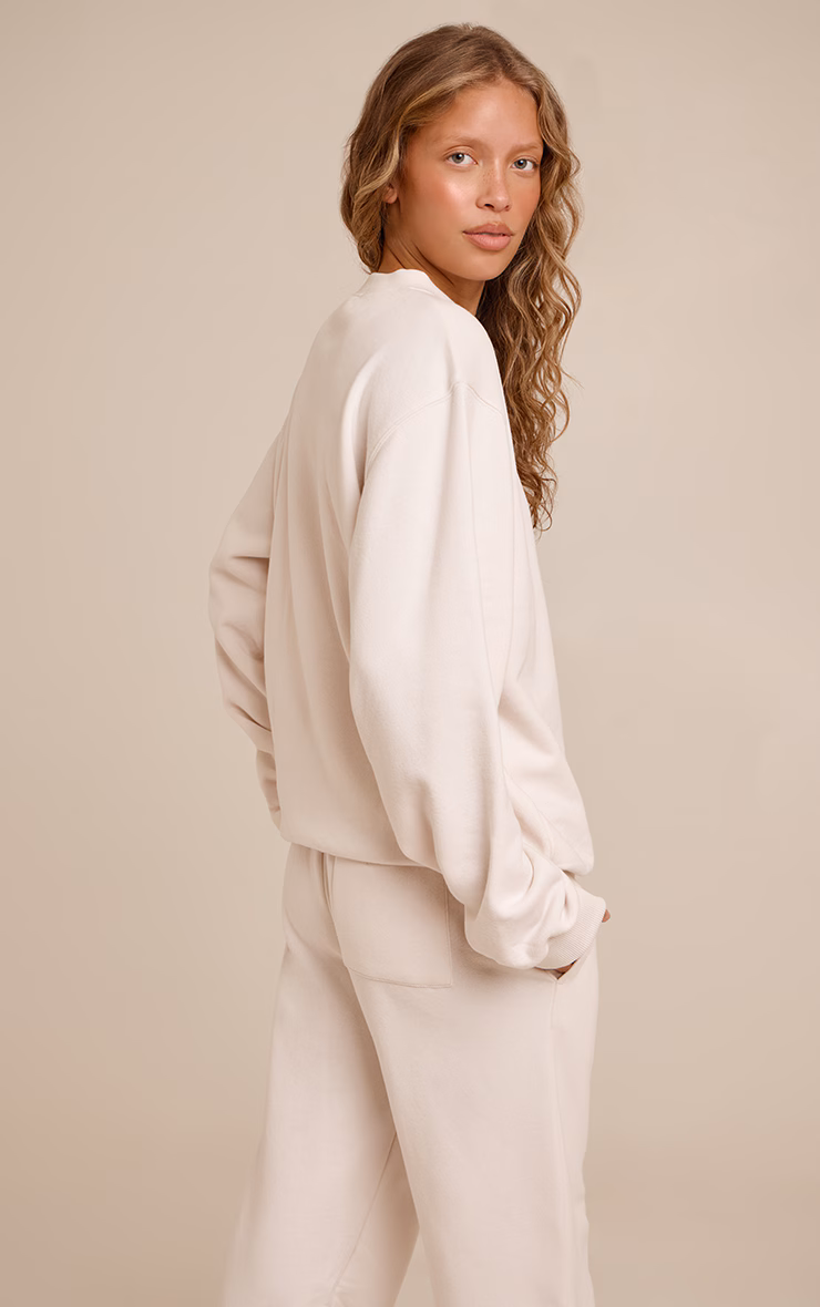 Cream PLT Embroidered Cotton Fleece Oversized Crew Sweatshirt