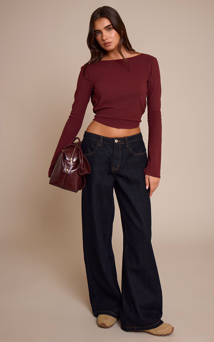 Wine Ultra Soft Cowl Back Drapey Long Sleeve Top