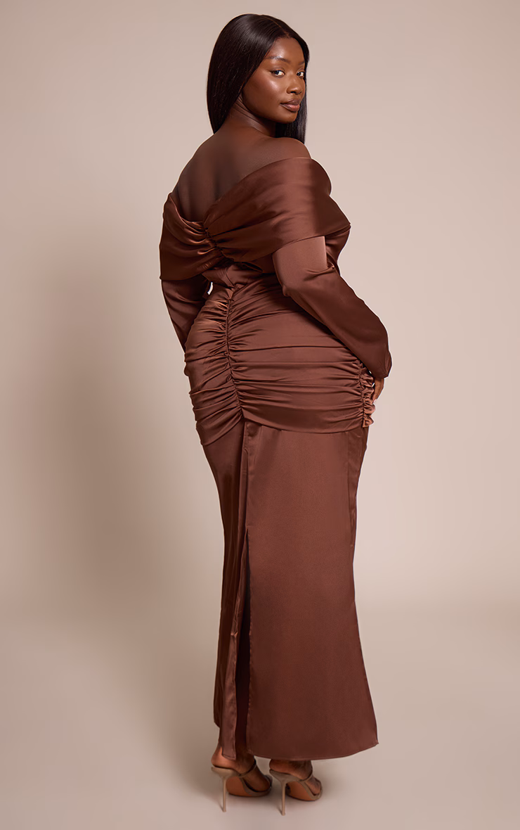 Plus Chocolate Satin Ruched Detail Off Shoulder Maxi Dress