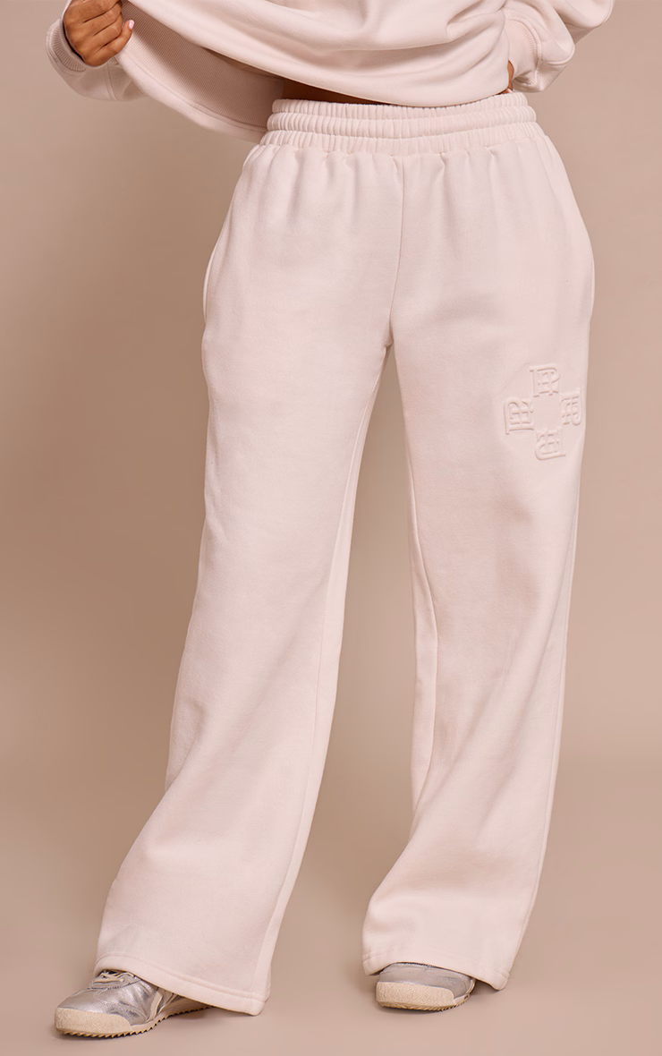Petite Cream PLT Embossed Wide Leg Sweatpants