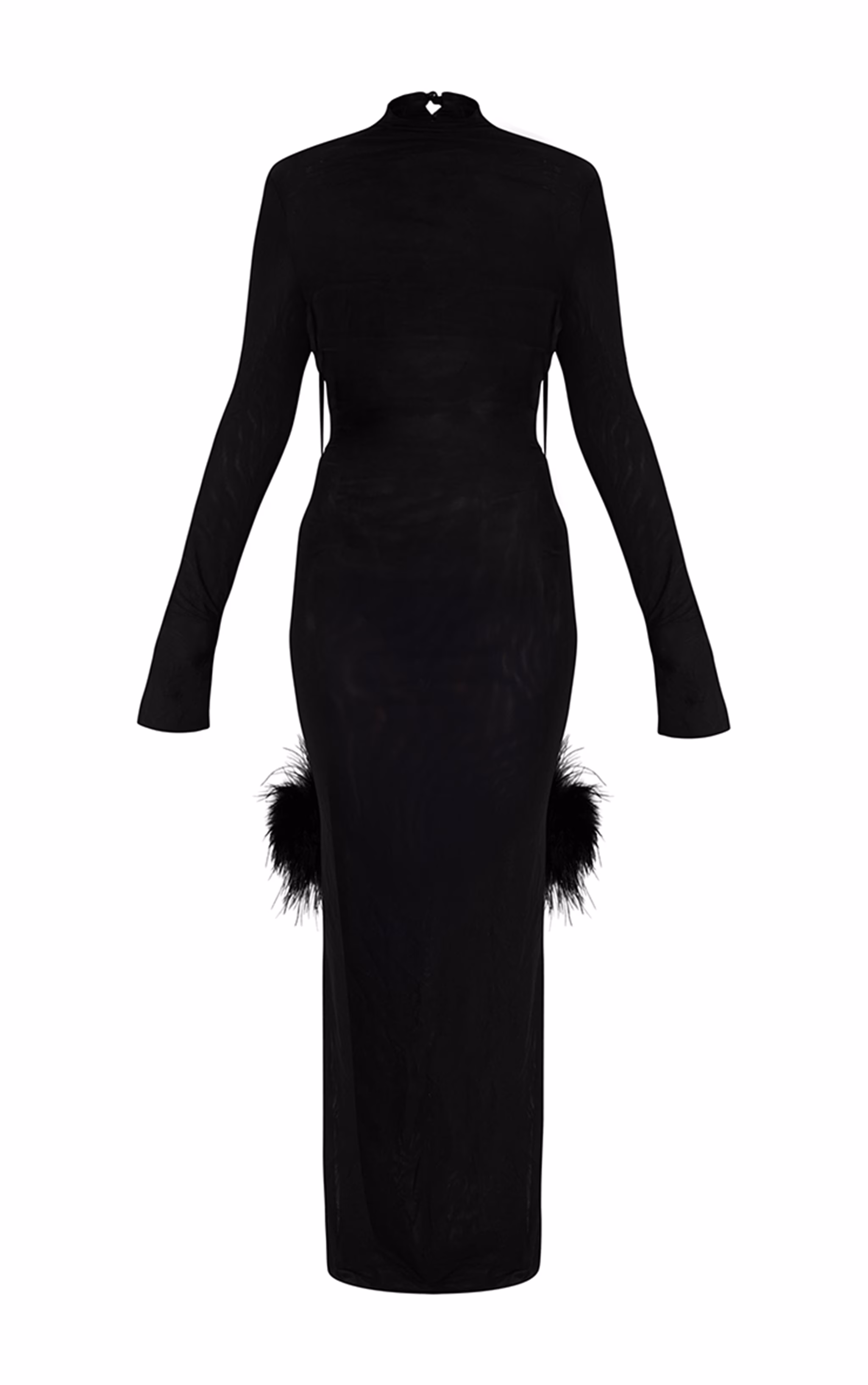 Premium Black Mesh Feather Pom Pom Open Back Maxi Dress