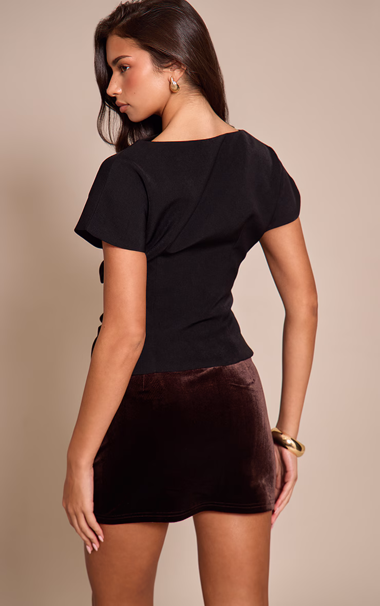 Black Woven Ruched Cinched Waist Top