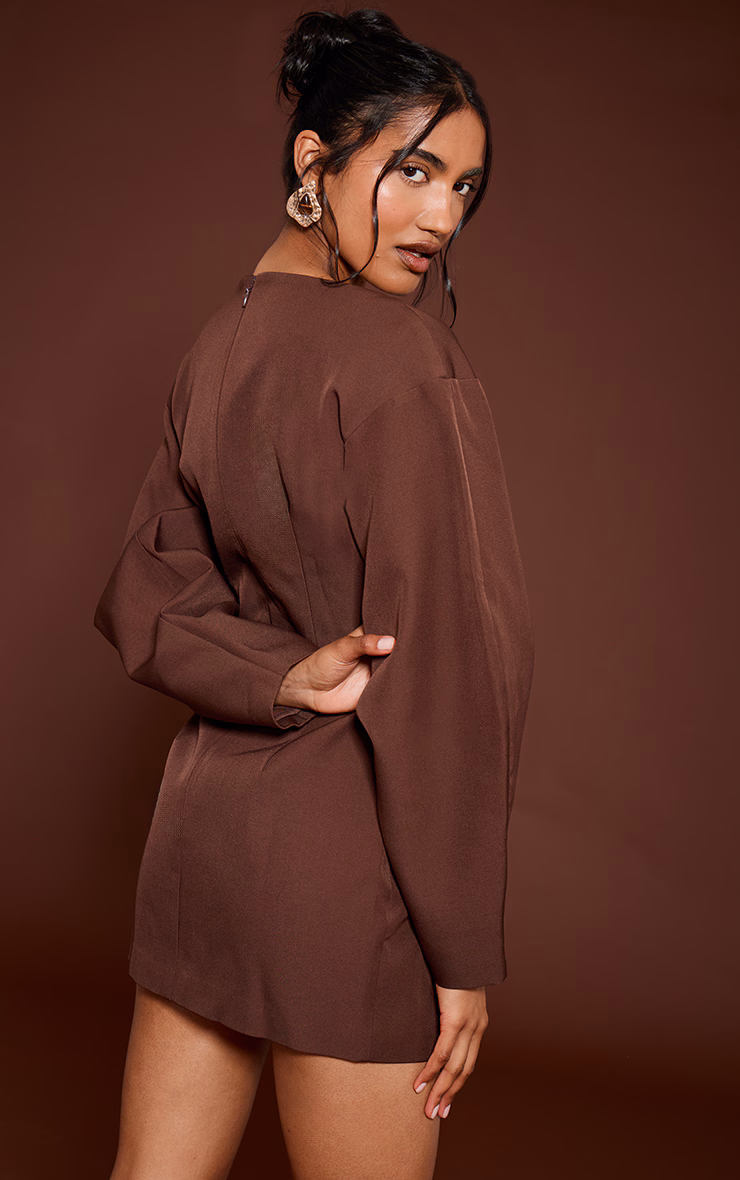 Chocolate Cocoon Sleeve Cinched Waist Blazer Dress