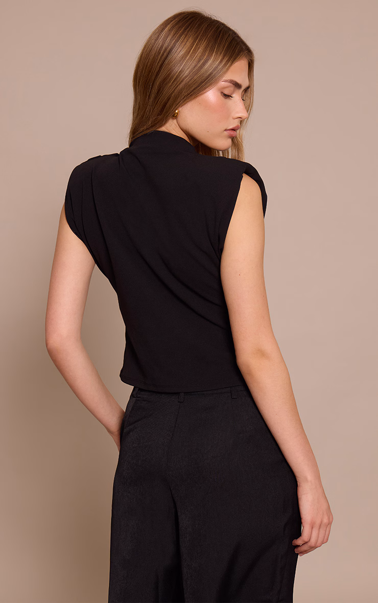 Black Shoulder Pad Pleated Boat Neck Top
