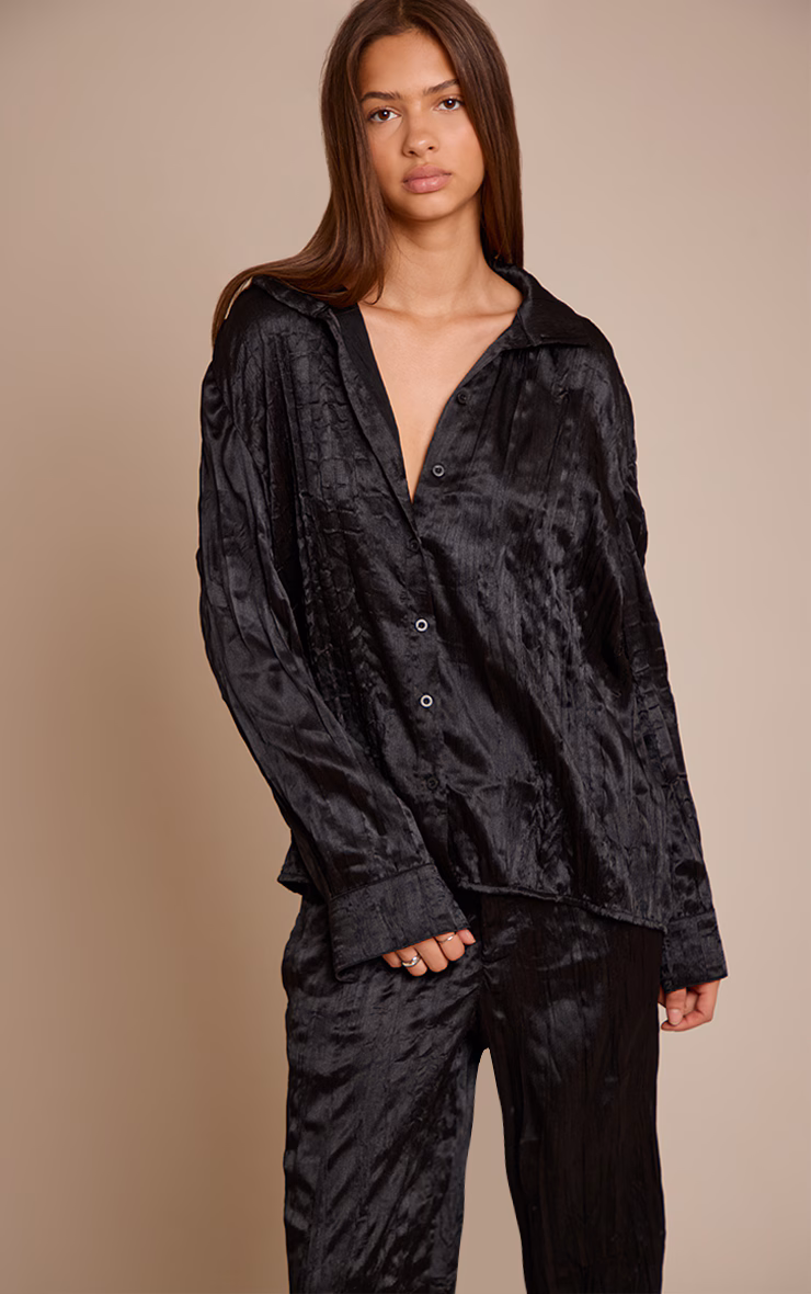 Black Textured Satin Oversized Shirt