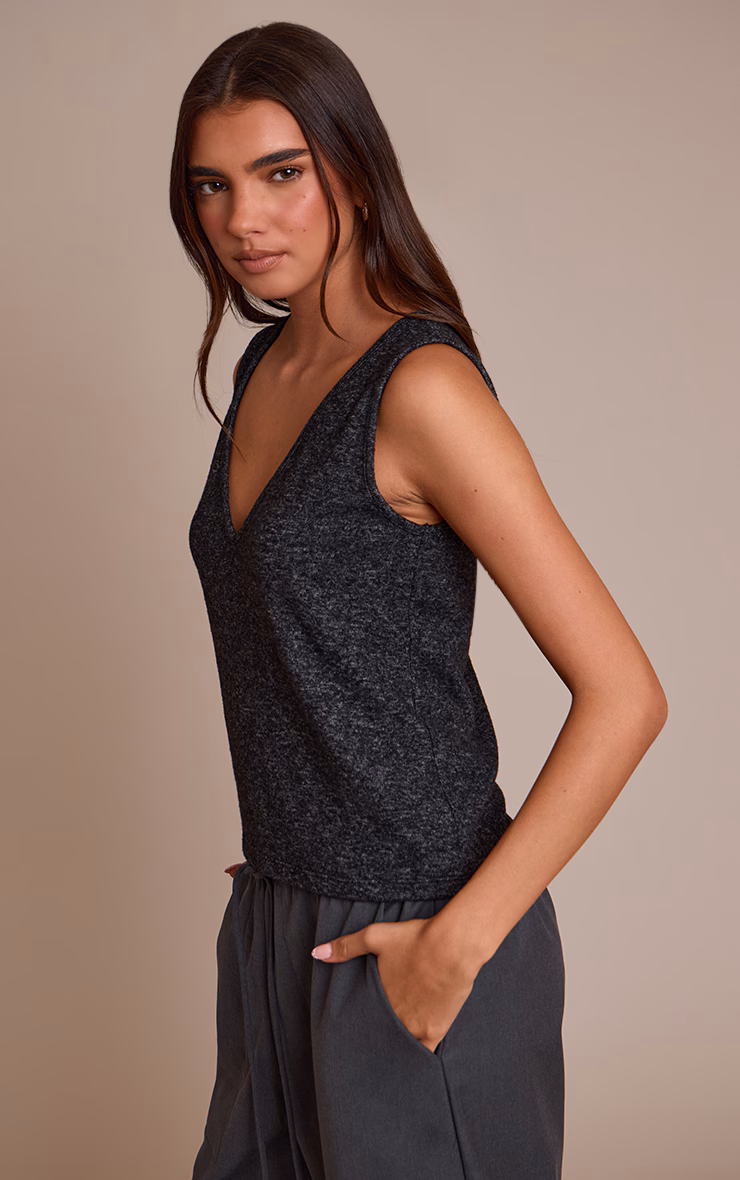 Charcoal Soft Knit V Neck Slouchy Vest Top