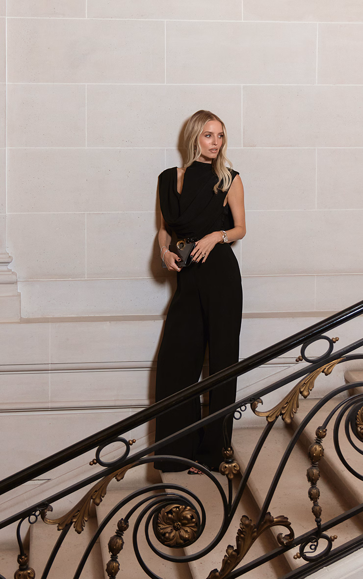 Premium Black Woven Asymmetric Cowl Drape Back Jumpsuit