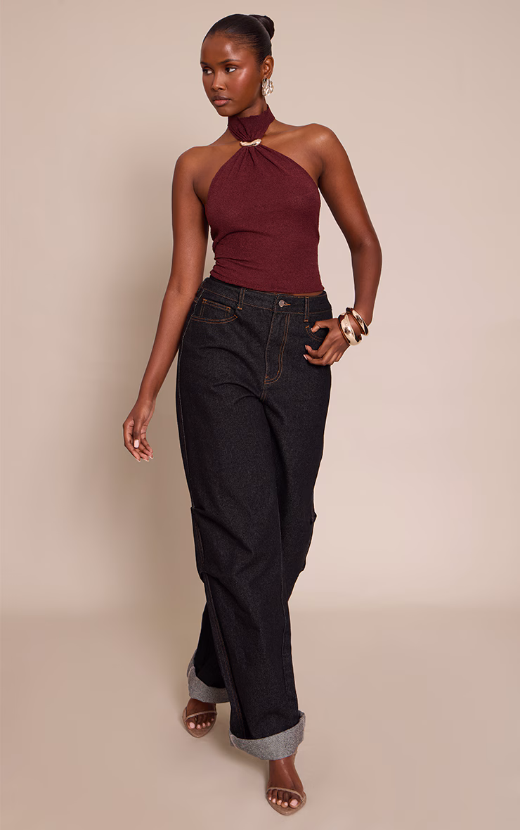 Burgundy High Neck Cuff Detail Knitted Top