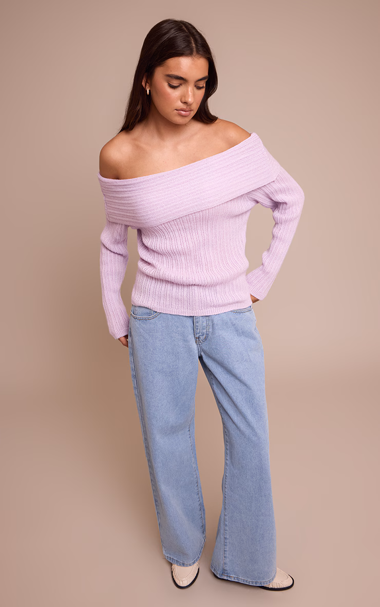 Lilac Off The Shoulder Knit Long Sleeve Top