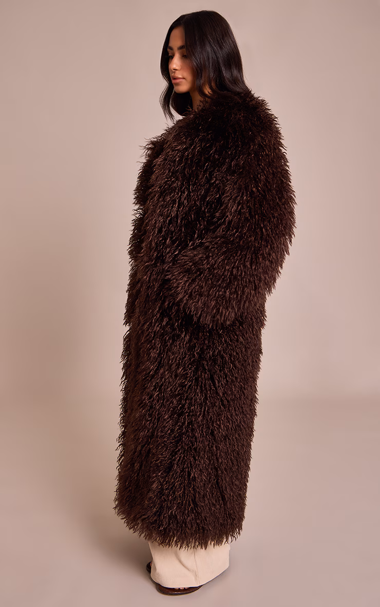 Petite Chocolate Faux Mongolian Fur Collarless Maxi Coat