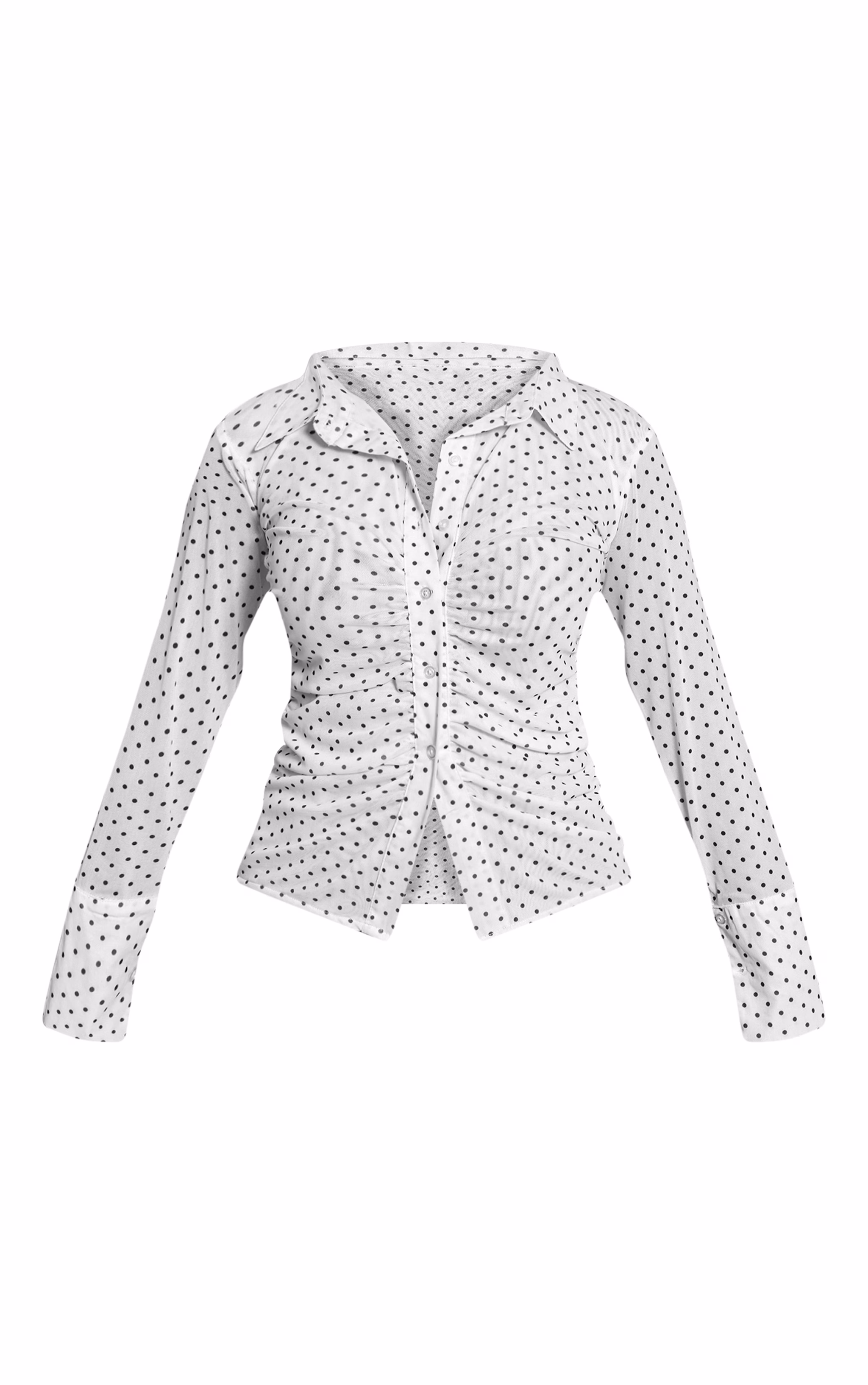 Shape White Polka Dot Ruched Front Mesh Shirt