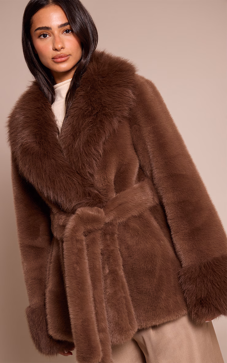 Petite Chocolate Plush Faux Fur Self Tie Coat