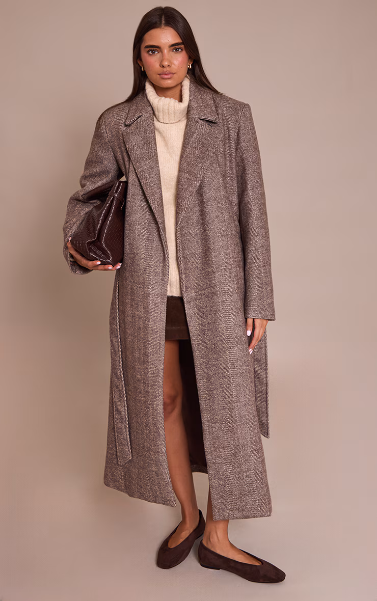 Brown Herringbone Tie Waist Maxi Coat