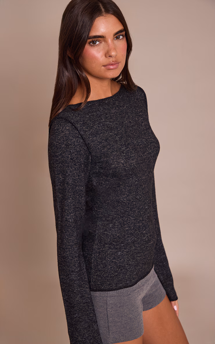Charcoal Soft Knit Straight Neck Long Sleeve Top