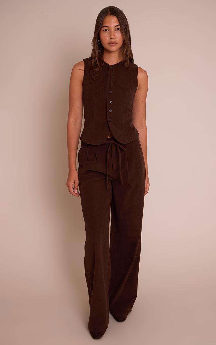 Dark Brown Corduroy Tailored Tie Detail Wide Leg Pants