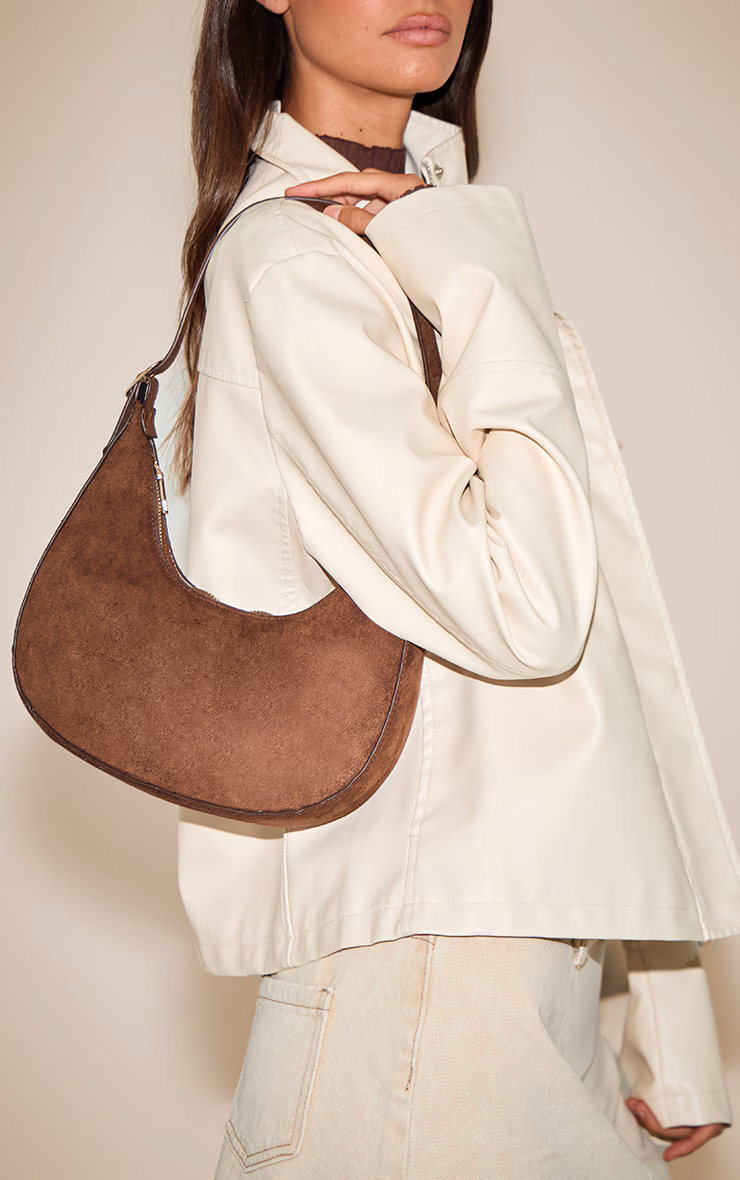 Chocolate Faux Suede Curved Shoulder Bag