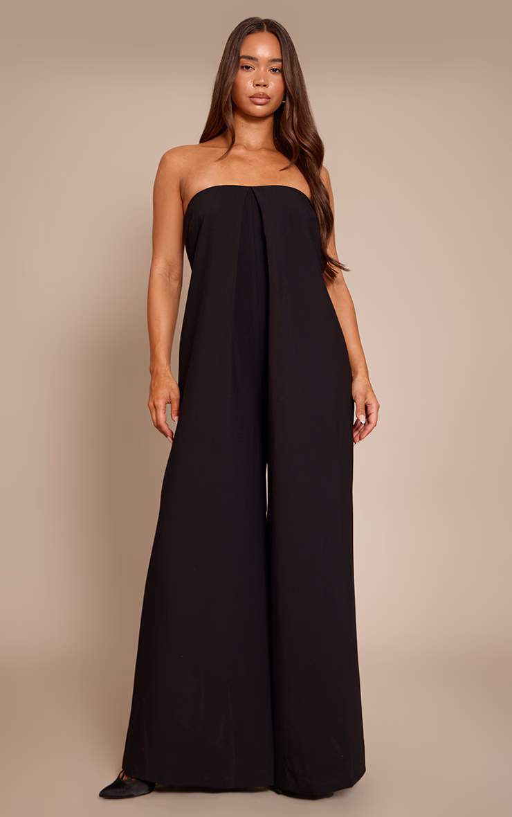 PLT Label Black Pleat Detail Bandeau Wide Leg Jumpsuit