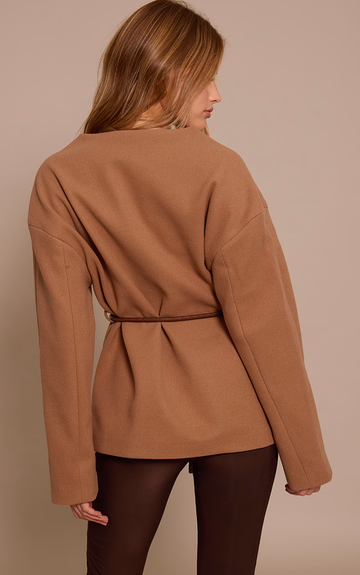 Camel Collarless Wrap Style Tie Waist Wool Look Coat