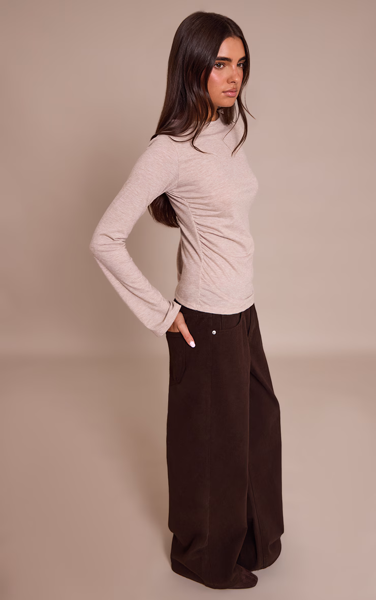 Sand Marl Soft Jersey V Neck Flared Long Sleeve Top