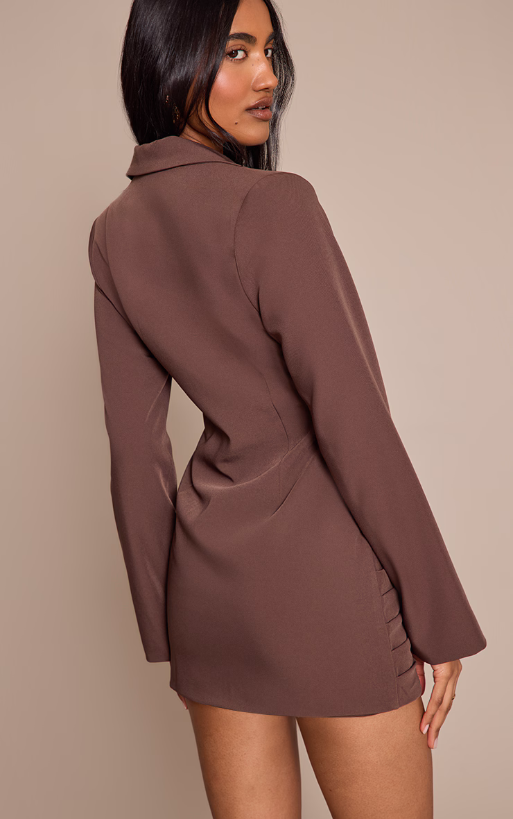 Chocolate Woven Wrap Hem Blazer Dress