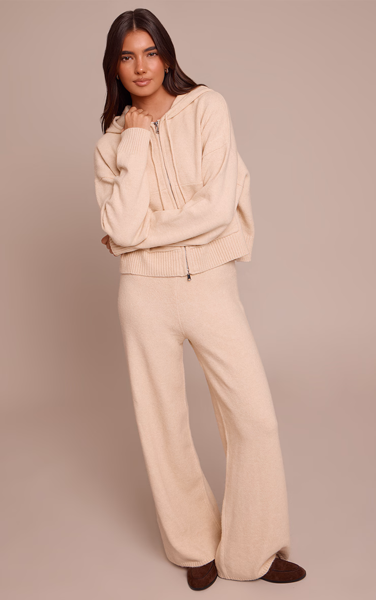 Beige Zip Through Knitted Hoodie